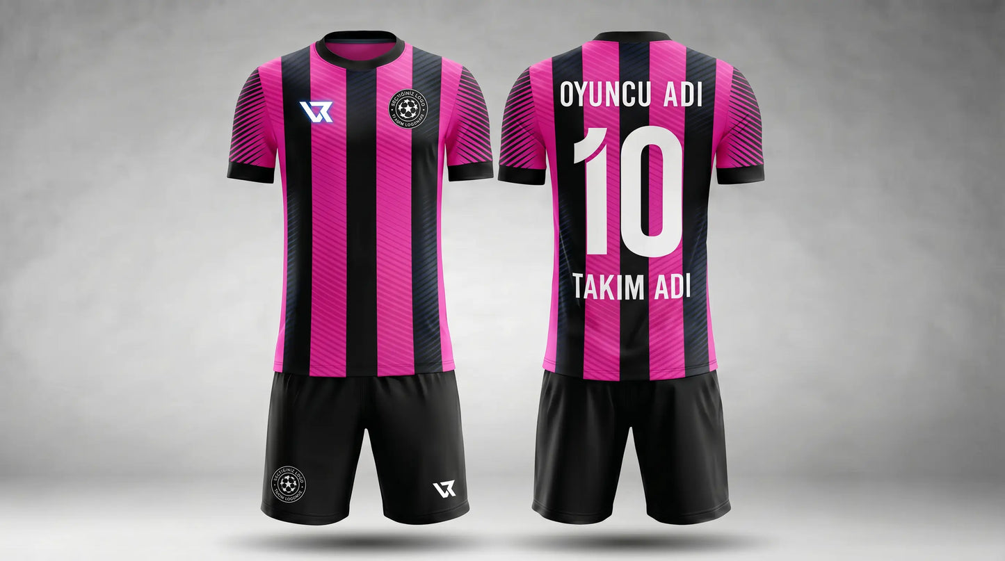 Pembe-Siyah Hız Bıçağı Desenli Halı Saha Forması - Ön ve Arka Görünüm