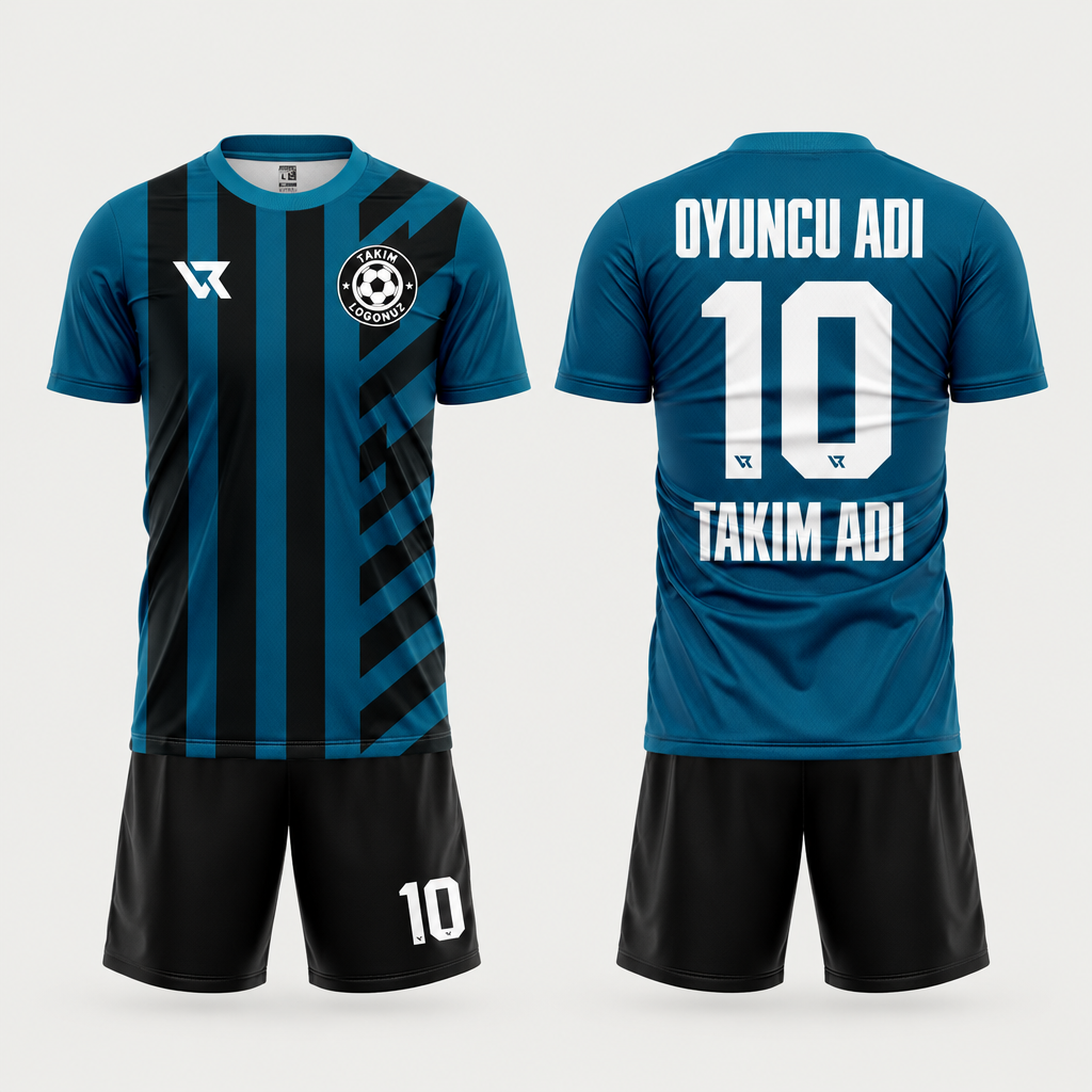 Inter Tarzı Mavi Siyah Çubuklu Takım Forması - ön ve arka görünüm