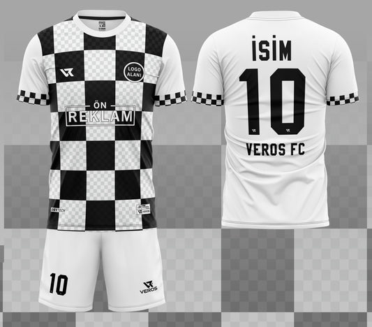 Beyaz Siyah Kare Desenli Halı Saha Forması VF000103