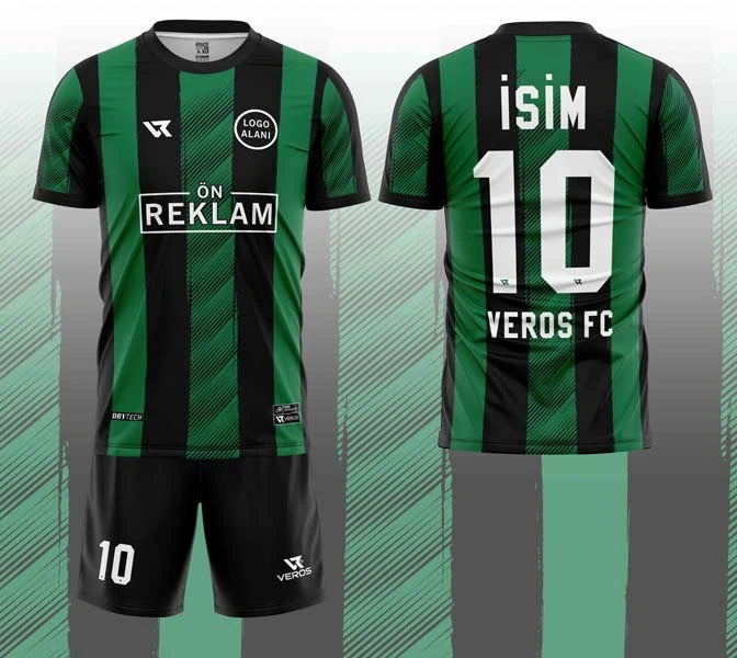 Yeşil Siyah Çizgi ve Şerit Desenli Halı Saha Forması VF00034