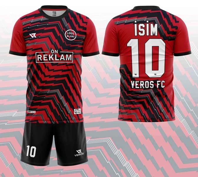 Kırmızı Siyah Çizgi Desenli Halı Saha Forması VF000662