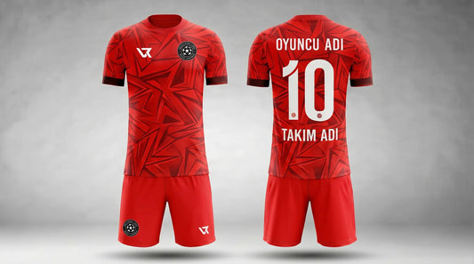 Kırmızı Yarık Dalga Desenli Halı Saha Forması - Ön ve Arka Görünüm