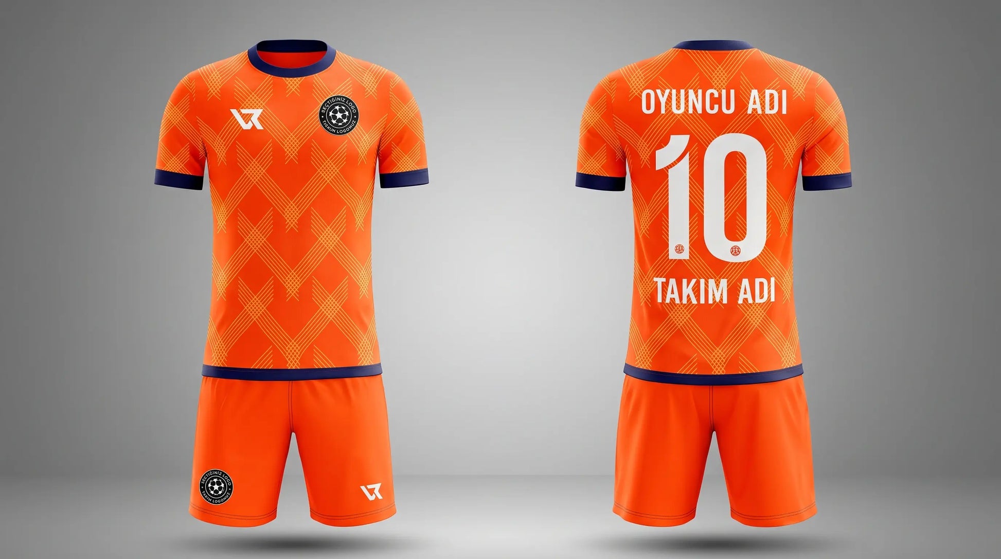 Neon Turuncu Ekose Desenli Halı Saha Forması - Ön ve Arka Görünüm