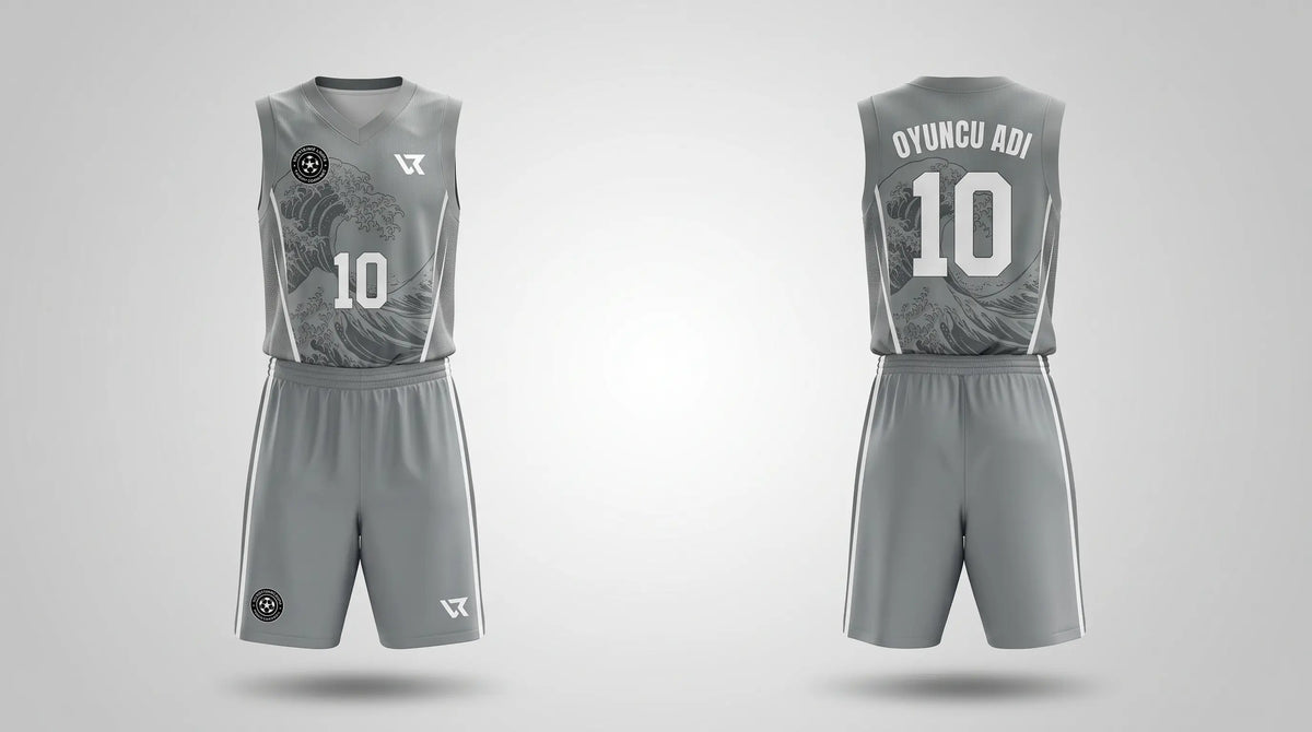 Gri Okyanus Dalgası Desenli Basketbol Forması - Ön ve Arka Görünüm