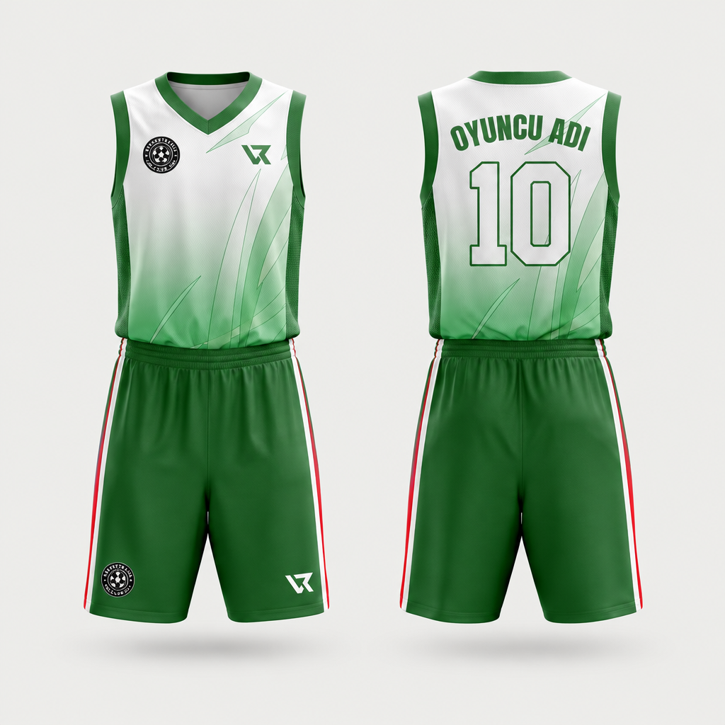 Yeşil Yaprak Desenli Basketbol Forması VB-AI020 - ön ve arka görünüm