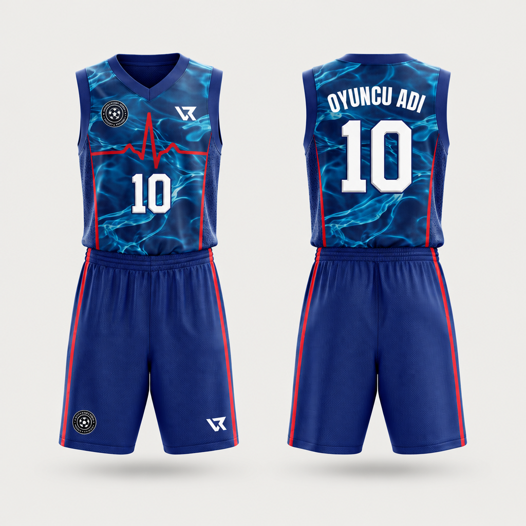 Okyanus Mavisi Desenli Basketbol Forması VB-AI016 - ön ve arka görünüm