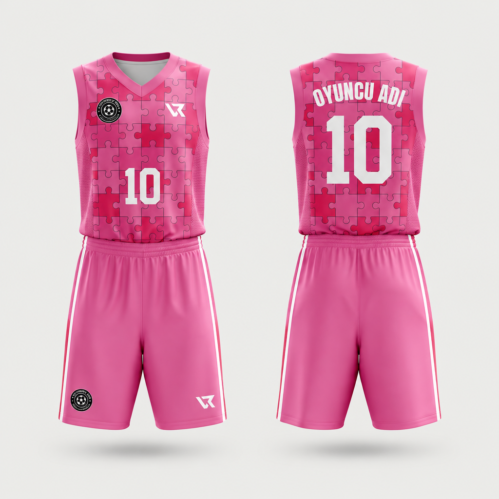 Pembe Puzzle Desenli Basketbol Forması VB-AI015 - ön ve arka görünüm