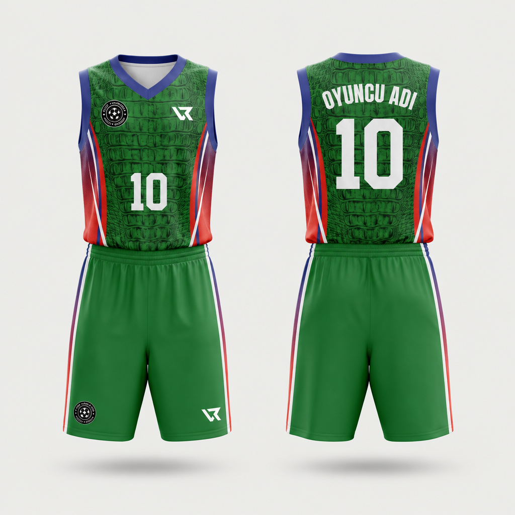 Timsah Yeşili Desenli Basketbol Forması VB-AI026 - ön ve arka görünüm