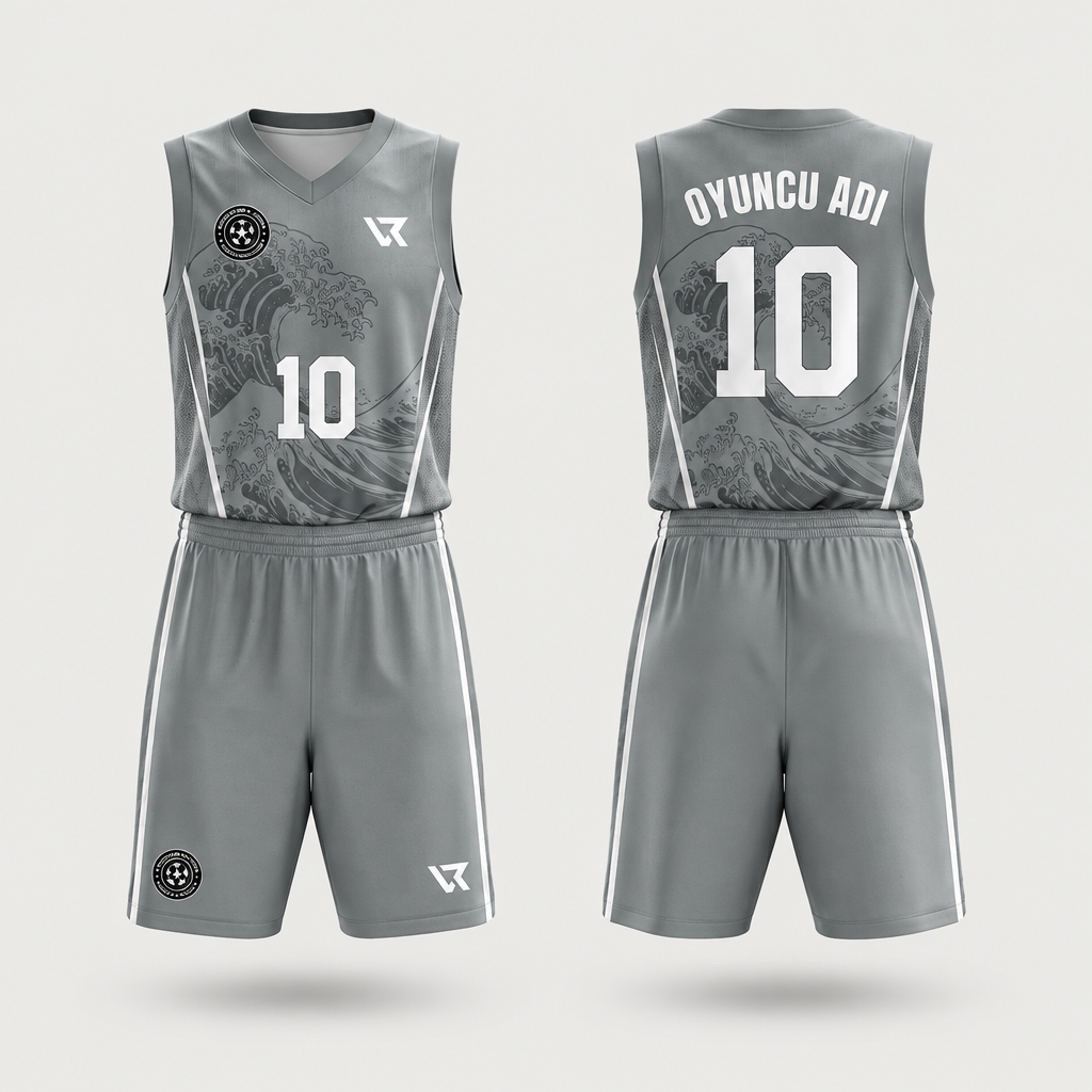 Gri Okyanus Dalgası Desenli Basketbol Forması VB-AI002 - ön ve arka görünüm