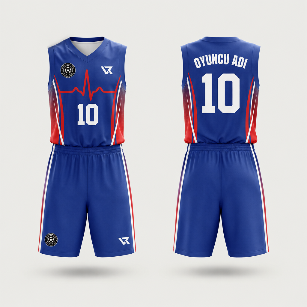 Mavi Nabız Çizgisi Desenli Basketbol Forması VB-AI001 - ön ve arka görünüm