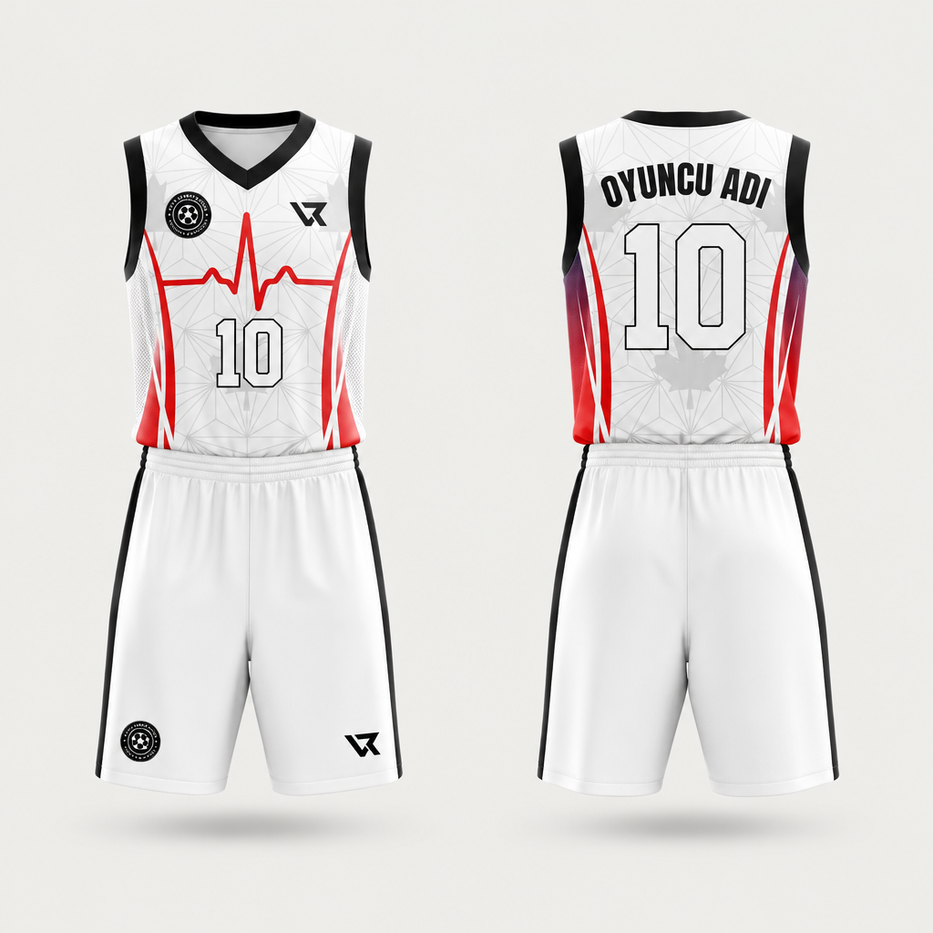 Beyaz Akçaağaç Yaprağı Desenli Basketbol Forması VB-AI004 - ön ve arka görünüm