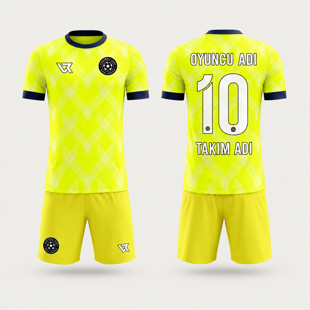 Neon Sarı Ekose Desenli Halı Saha Forması VF-AI033 - ön ve arka görünüm