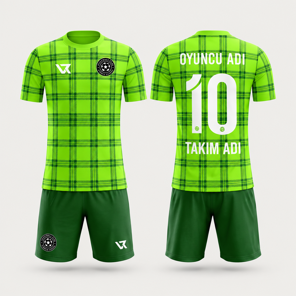 Neon Yeşil Ekose Desenli Halı Saha Forması VF-AI036 - ön ve arka görünüm