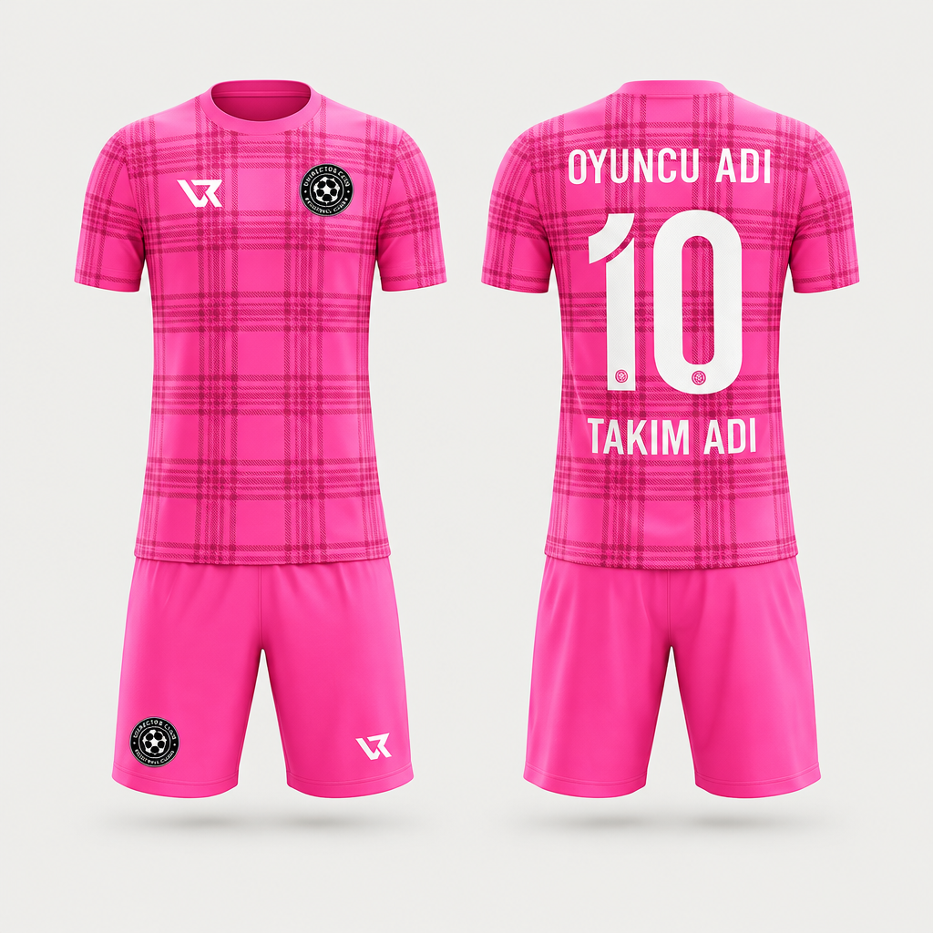 Neon Pembe Ekose Desenli Halı Saha Forması VF-AI026 - ön ve arka görünüm