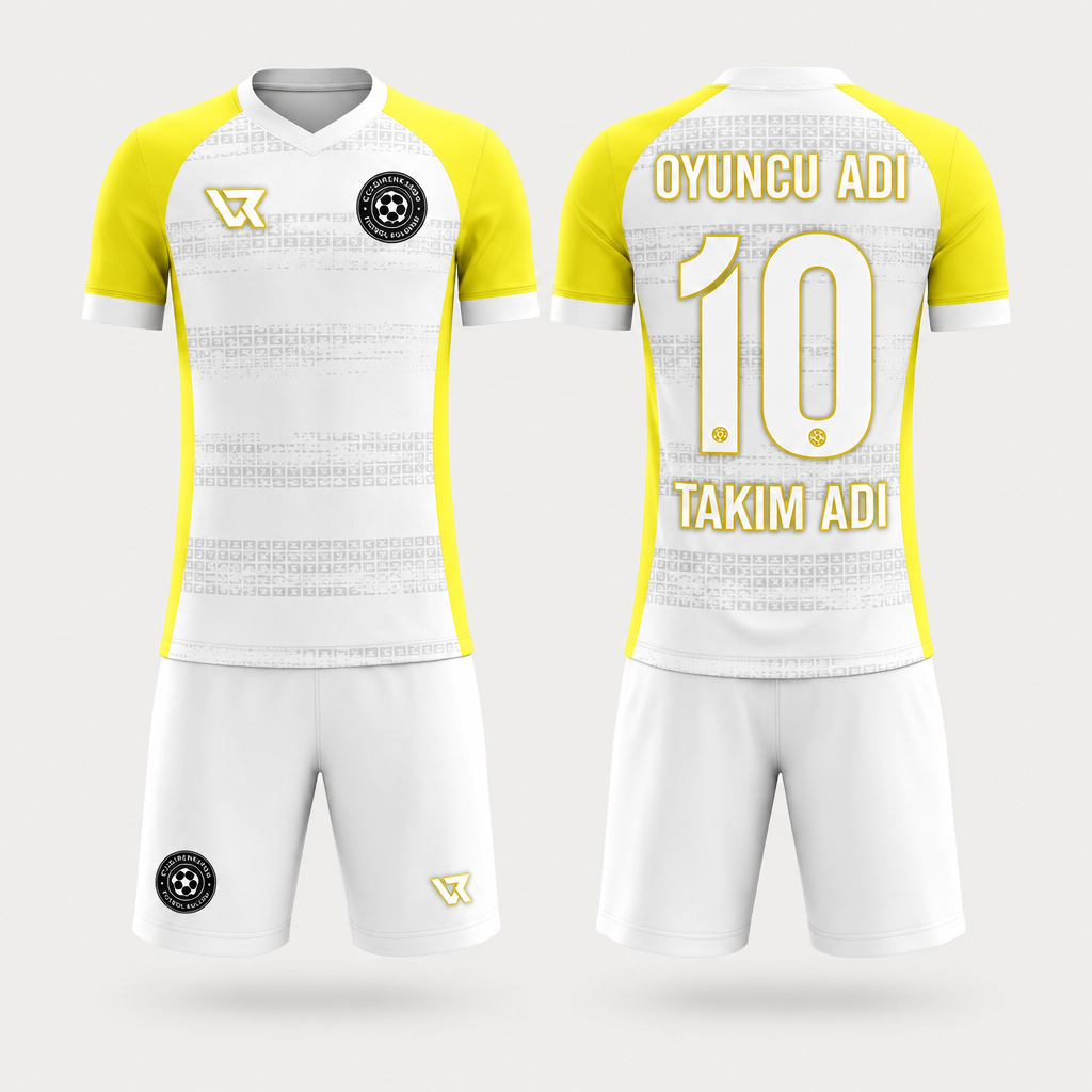 Beyaz-Sarı Kanat Desenli Halı Saha Forması VF-AI016 - ön ve arka görünüm