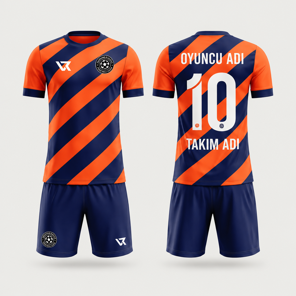 Turuncu Lacivert Çizgili Desenli Halı Saha Forması VF-AI001 - ön ve arka görünüm