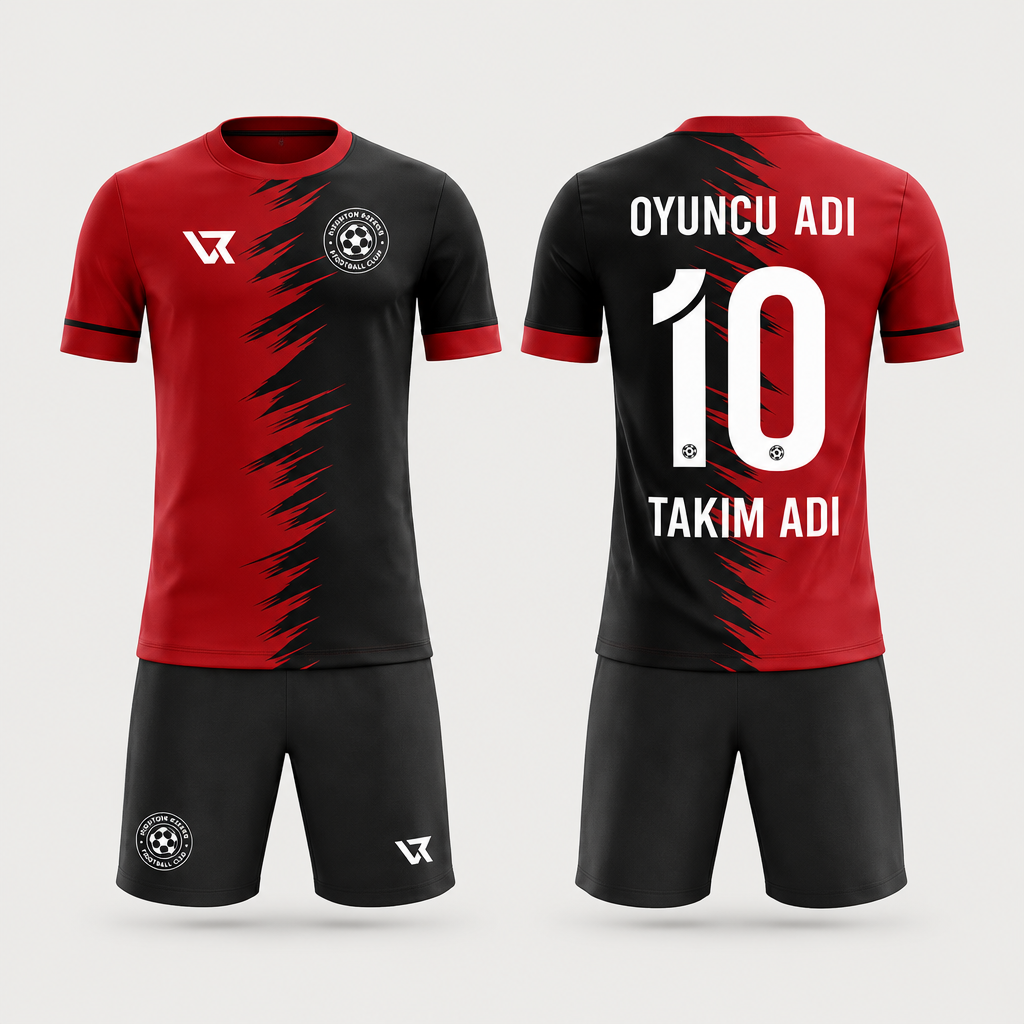 Kırmızı-Siyah Yarık Desenli Halı Saha Forması VF-AI013 - ön ve arka görünüm