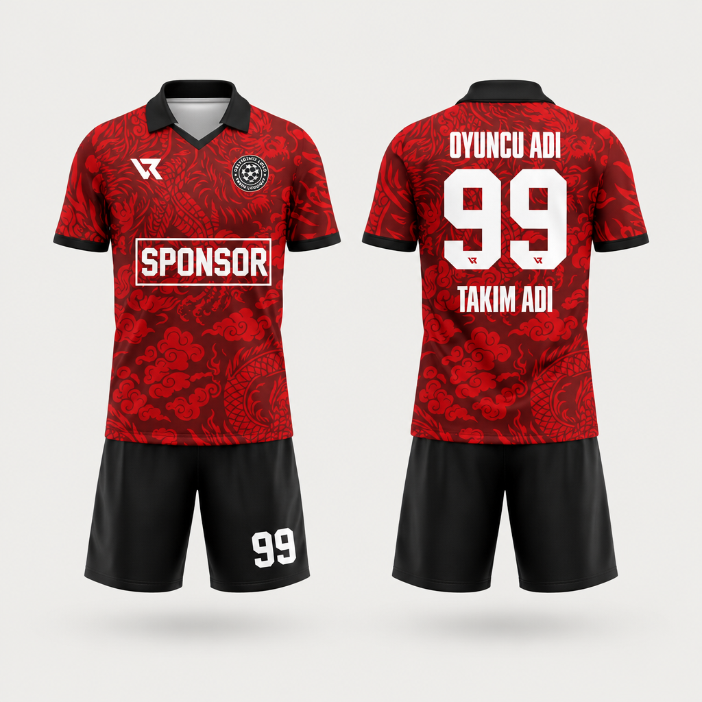 Kırmızı Siyah Dijital Desenli Halı Saha Futbol Forması - ön ve arka görünüm