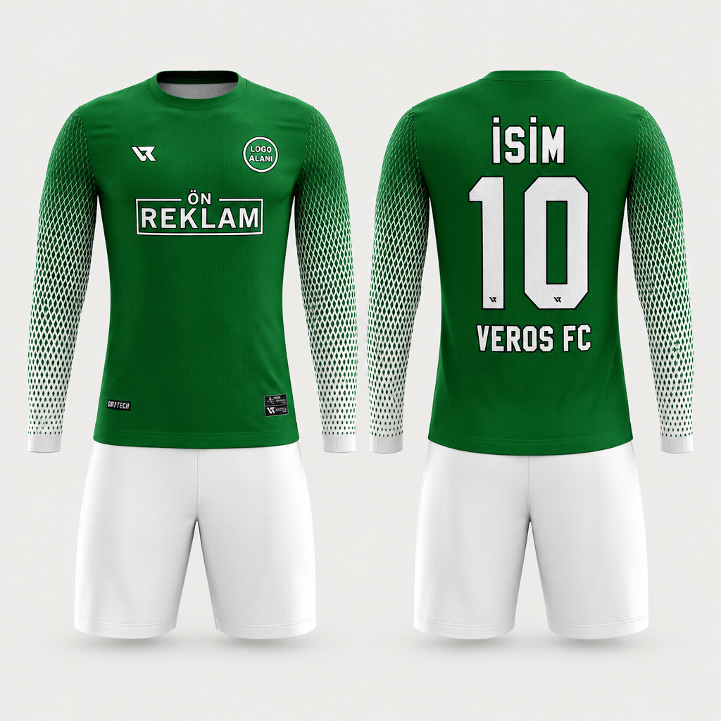 Yeşil Kaleci Forması Kolları Beyaz Desenli VFK0011 - ön ve arka görünüm
