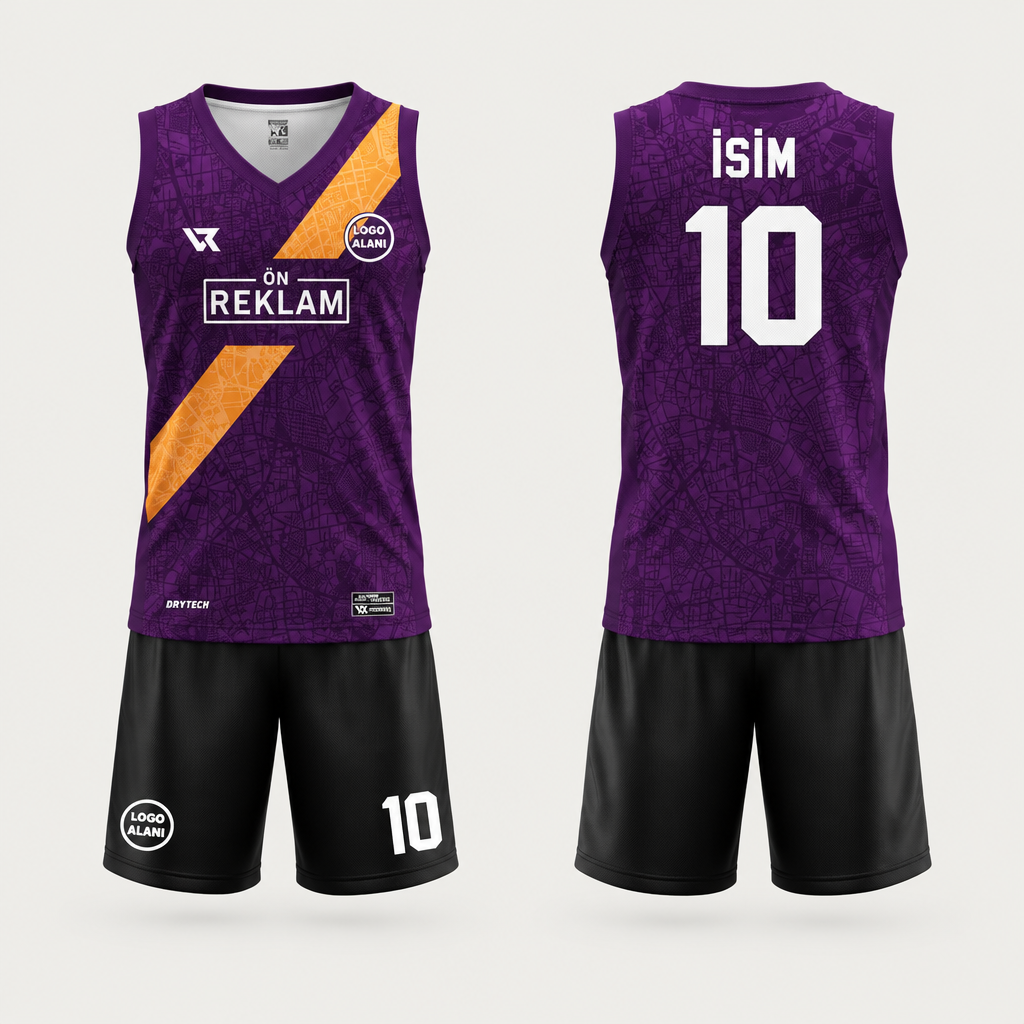Desenli Mor Basketbol Forması VF0001 - ön ve arka görünüm