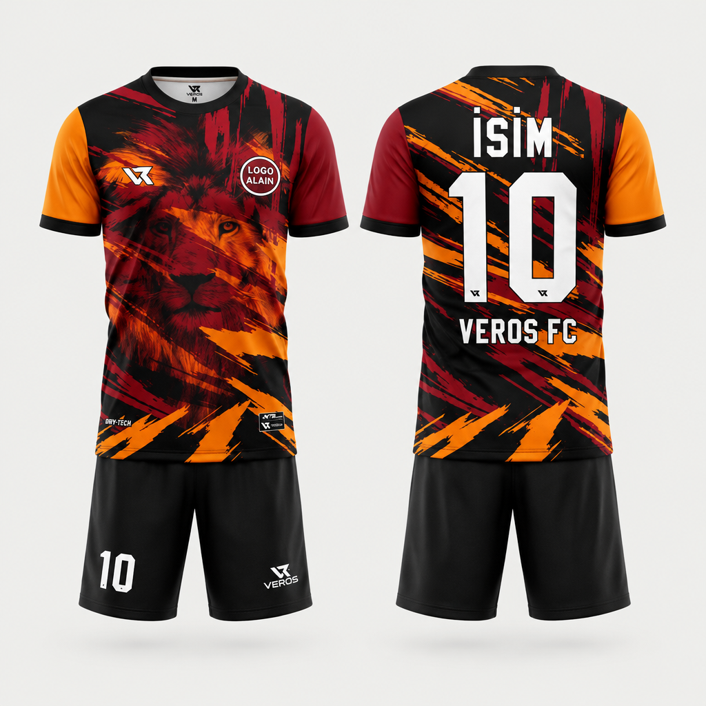 Sarı Kırmızı Aslan Desenli Halı Saha Forması VF00066-1 - ön ve arka görünüm