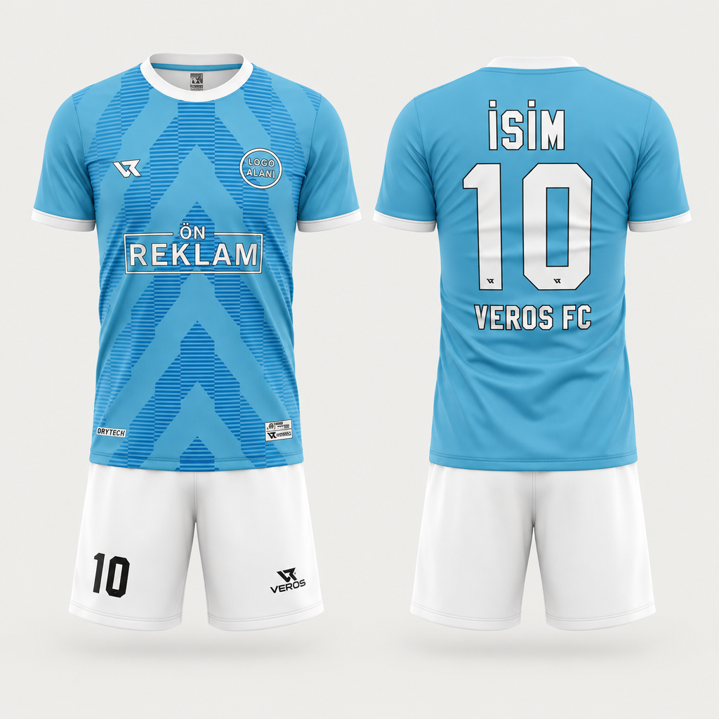 Turkuaz Mavi Çizgi Desenli Halı Saha Forması VF000105 - ön ve arka görünüm