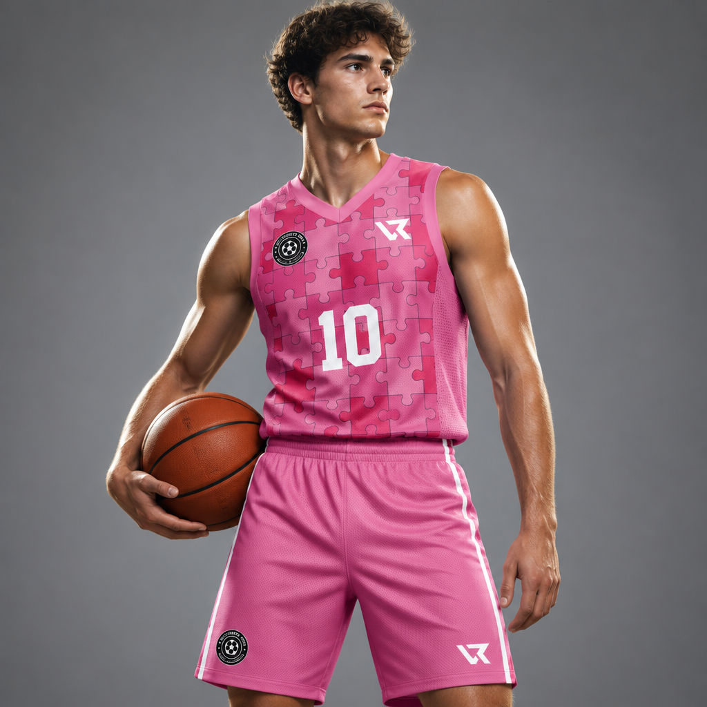 Pembe Puzzle Desenli Basketbol Forması VB-AI015 - sporcu üzerinde