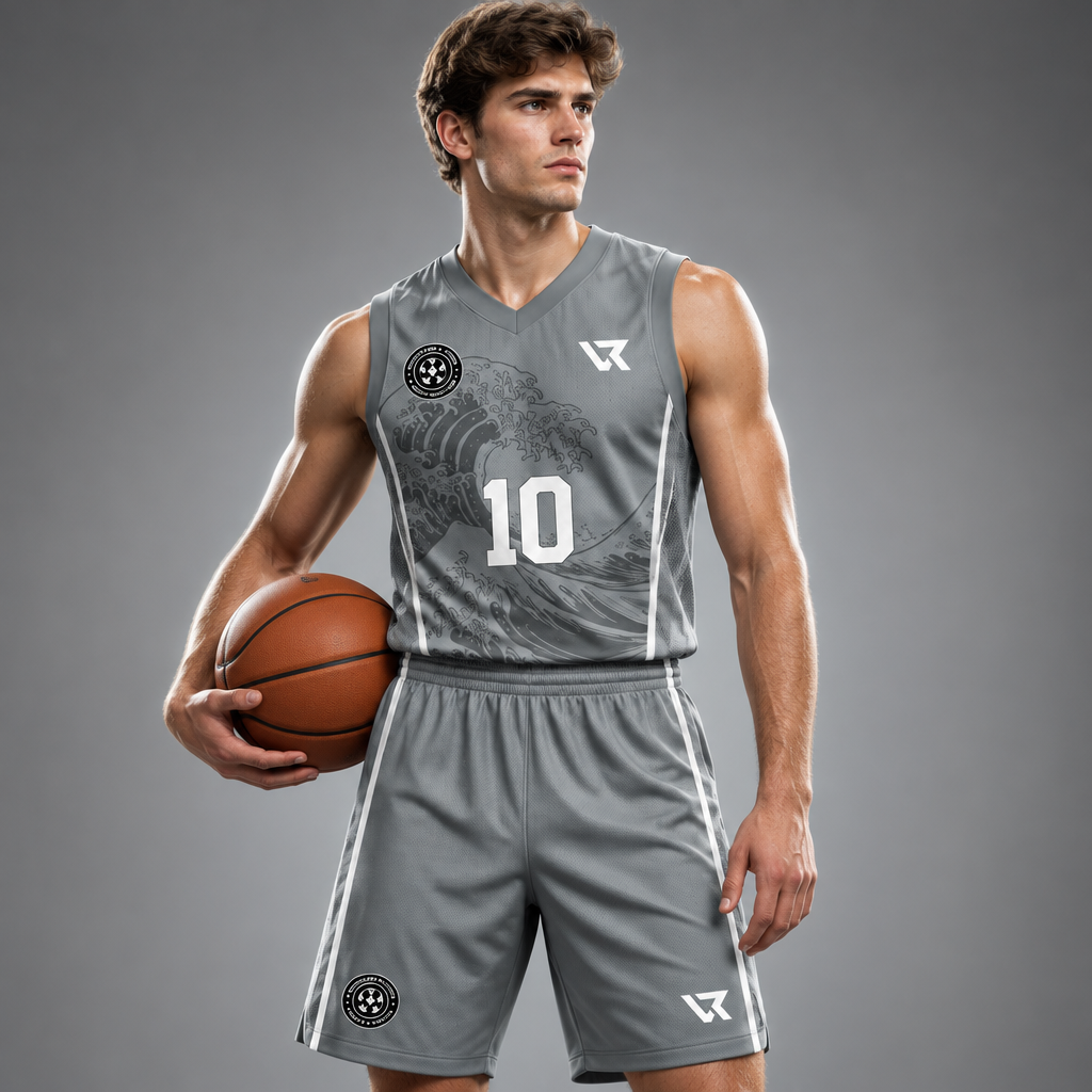 Gri Okyanus Dalgası Desenli Basketbol Forması VB-AI002 - sporcu üzerinde