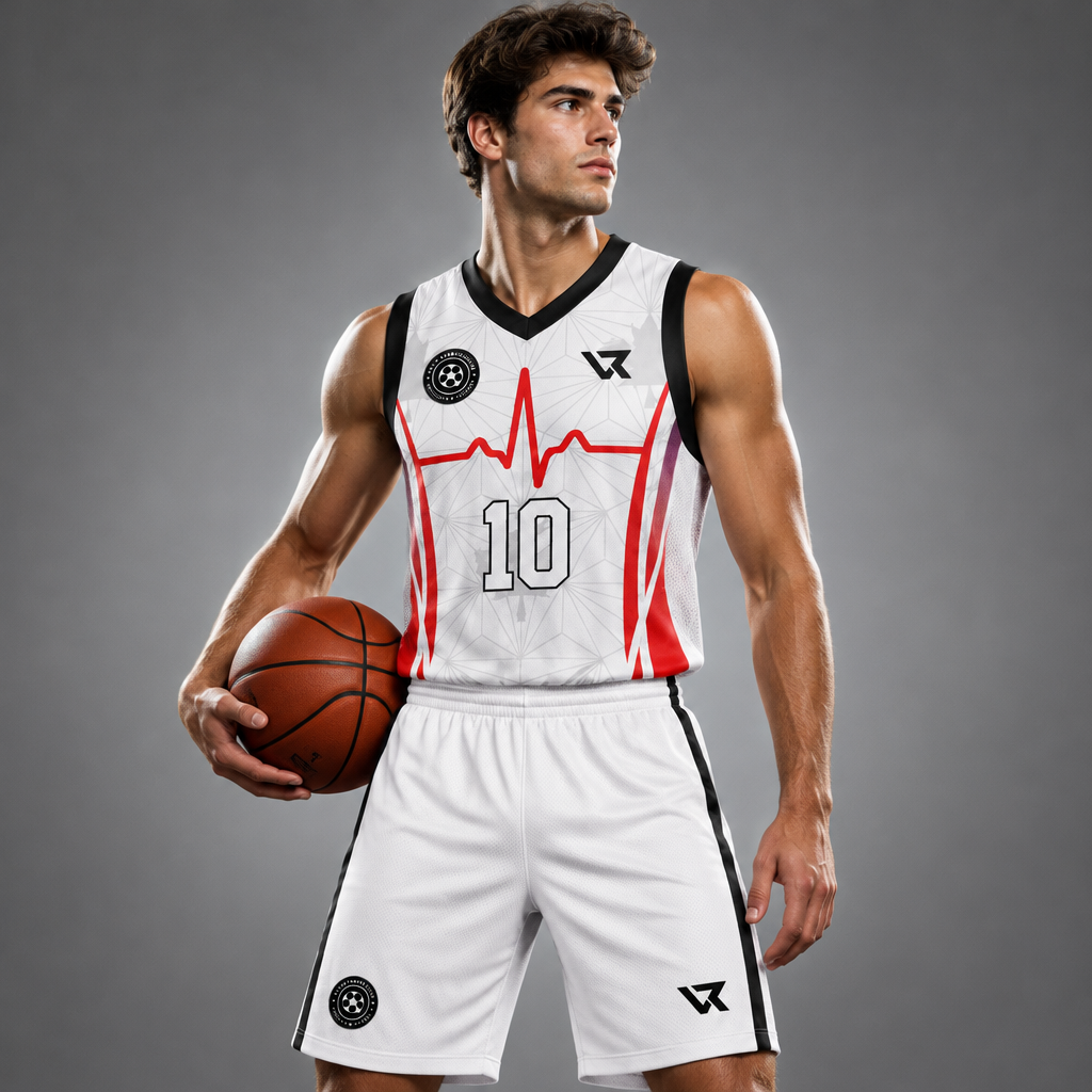 Beyaz Akçaağaç Yaprağı Desenli Basketbol Forması VB-AI004 - sporcu üzerinde