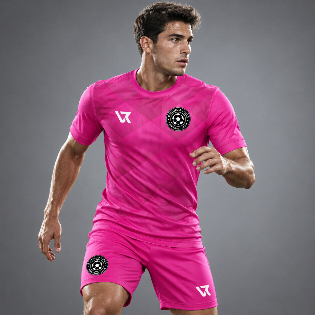 Pembe Klasik Şevron Desenli Halı Saha Forması VF-AI031 - sporcu üzerinde
