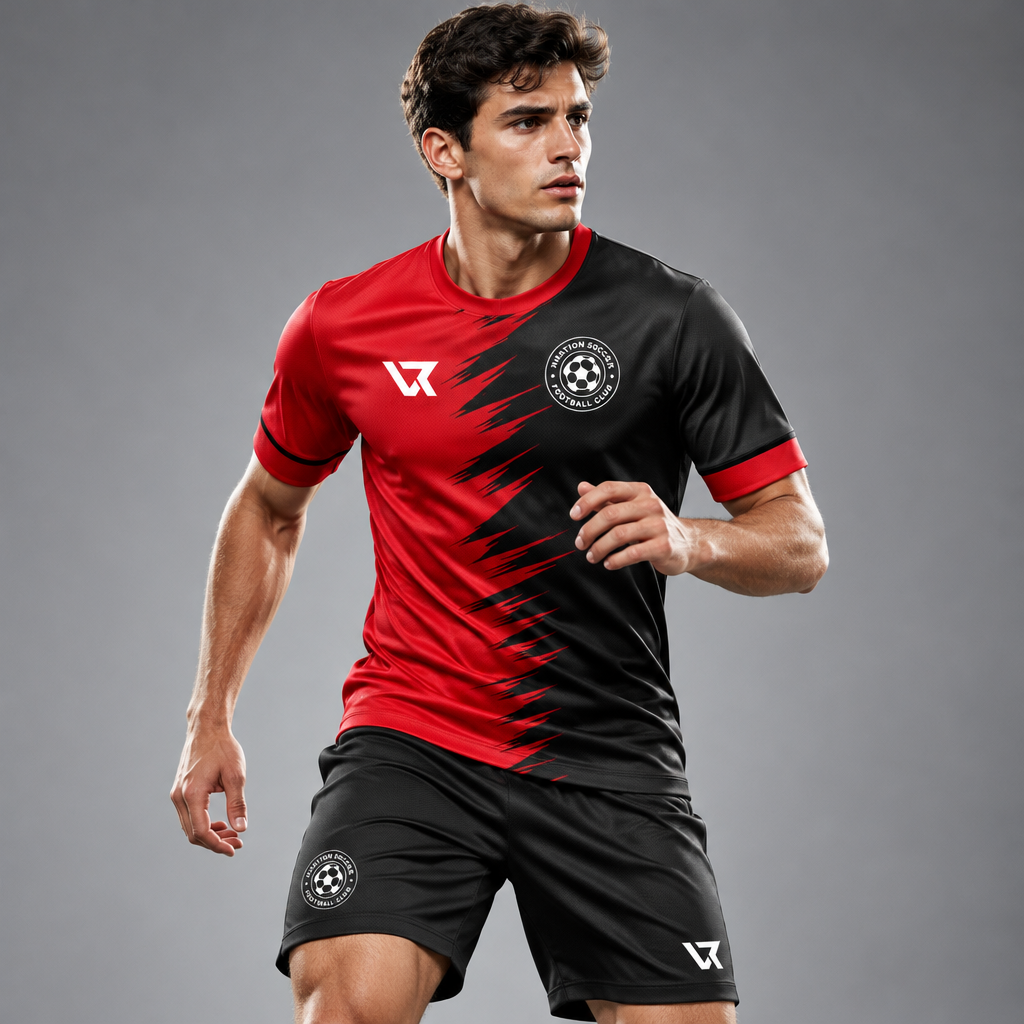 Kırmızı-Siyah Yarık Desenli Halı Saha Forması VF-AI013 - sporcu üzerinde