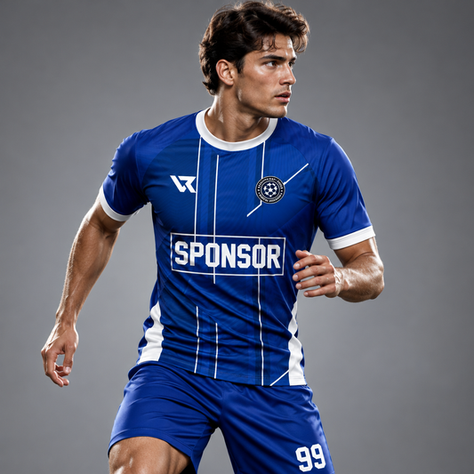 Mavi Beyaz Modern Çizgili Halı Saha Futbol Forması - sporcu üzerinde