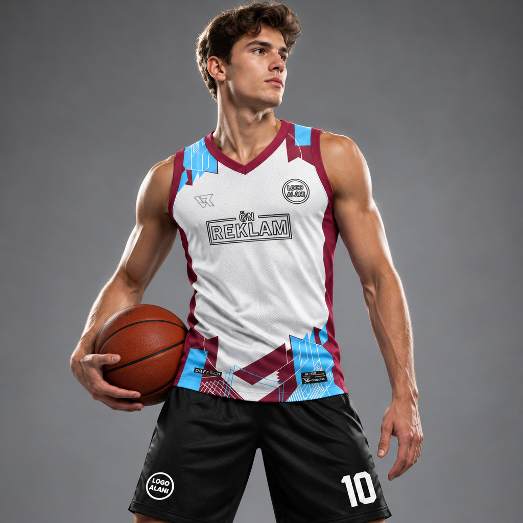 Beyaz Desenli Basketbol Forması VF0007 - sporcu üzerinde