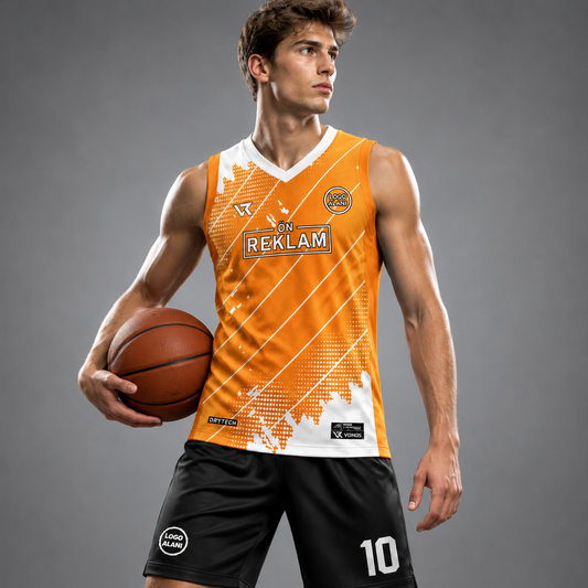 Turuncu Çizgili Basketbol Forması VF00050 - sporcu üzerinde