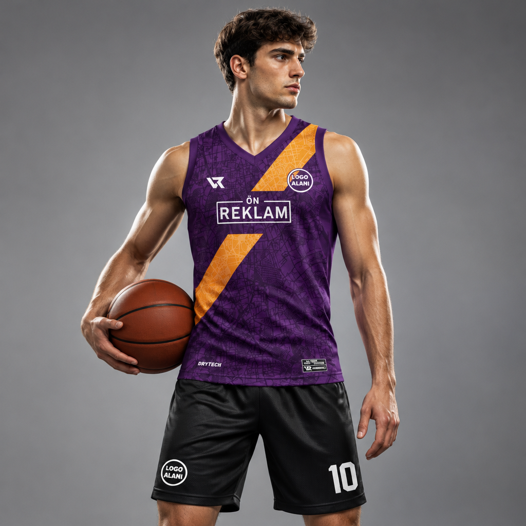 Desenli Mor Basketbol Forması VF0001 - sporcu üzerinde
