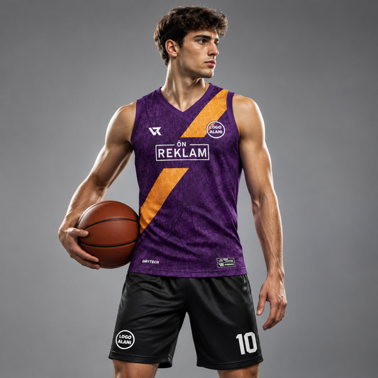 Desenli Mor Basketbol Forması VF0001 - sporcu üzerinde