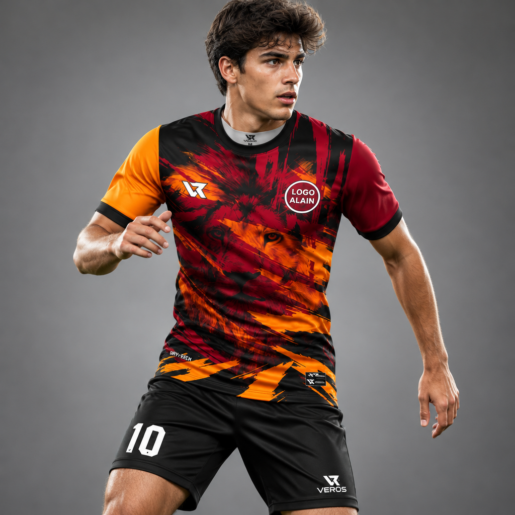 Sarı Kırmızı Aslan Desenli Halı Saha Forması VF00066-1 - sporcu üzerinde
