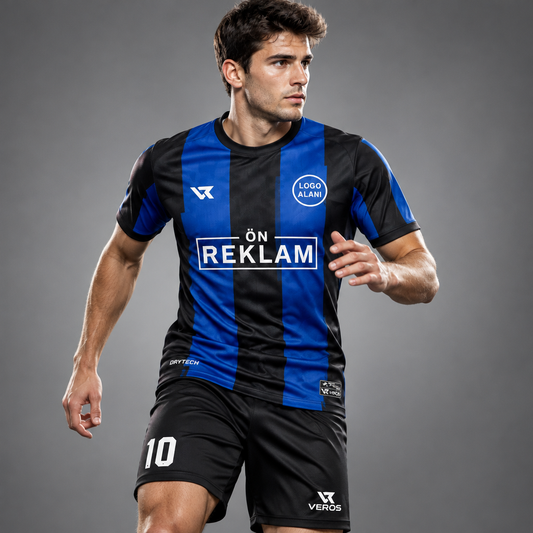 Lacivert Mavi Nokta ve Çizgi Desenli Halı Saha Forması VF000100 - sporcu üzerinde