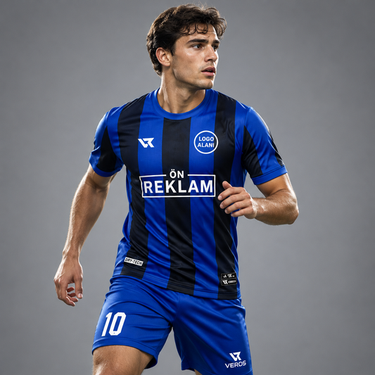 Mavi Lacivert Şerit Desenli Halı Saha Forması VF00036 - sporcu üzerinde