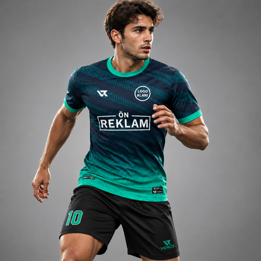 Lacivert Turkuaz Çizgi Desenli Halı Saha Forması VF00020 - sporcu üzerinde