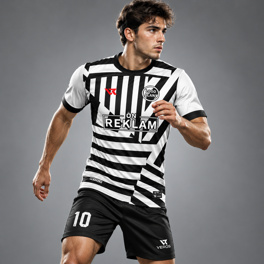 Beyaz, Siyah Çizgi Desenli Halı Saha Forması VF00024 - sporcu üzerinde
