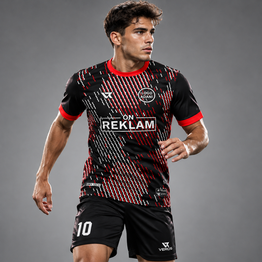 Kırmızı Beyaz Desenli Halı Saha Forması VF00026 - sporcu üzerinde