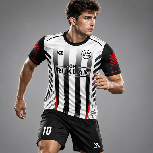 Beyaz Siyah Çizgi Desenli Halı Saha Forması VF00055 - sporcu üzerinde