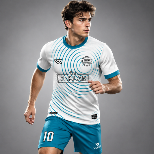Beyaz Turkuaz Daire Desenli Halı Saha Forması VF000102 - sporcu üzerinde