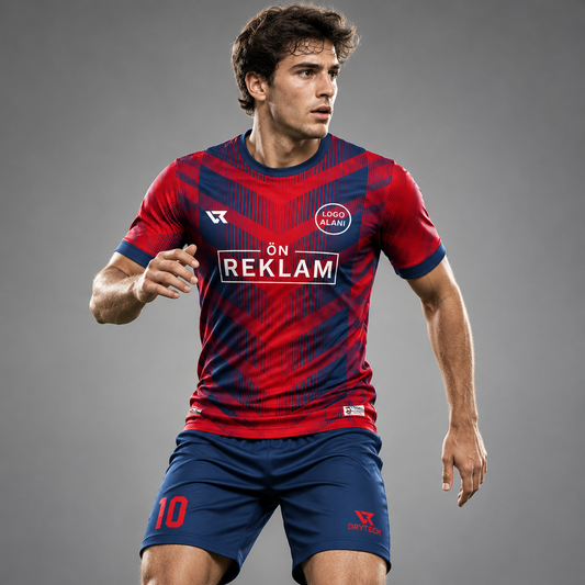Kırmızı Lacivert Çizgi Desenli Halı Saha Forması VF00073 - sporcu üzerinde
