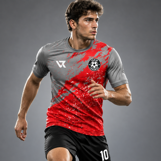 Gri Kırmızı Çapraz Desenli Mesh Forma - sporcu üzerinde
