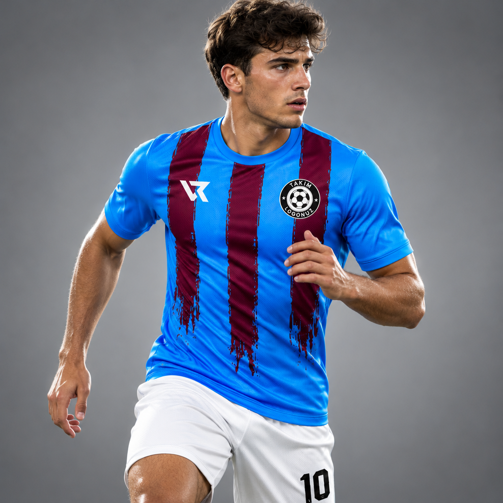 Mavi Bordo Fırça Çizgili Takım Forması - sporcu üzerinde