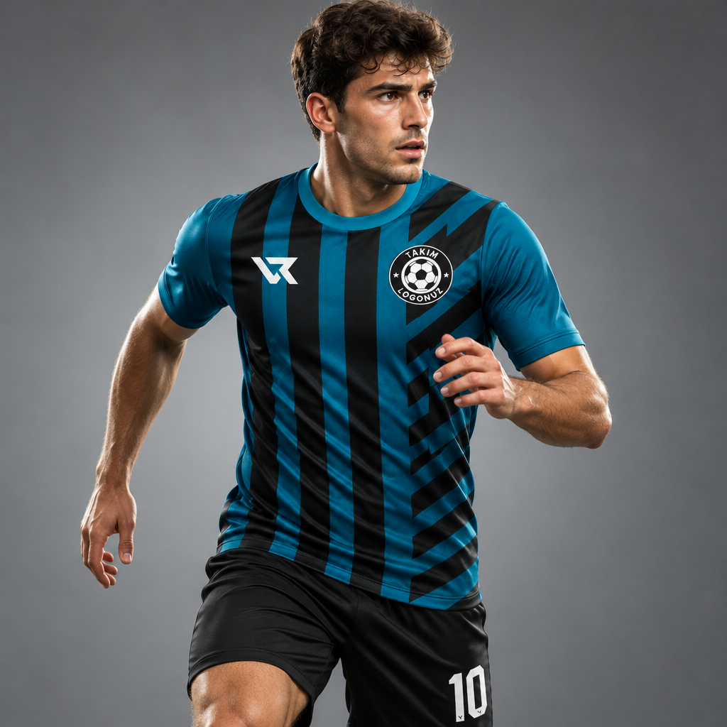 Inter Tarzı Mavi Siyah Çubuklu Takım Forması - sporcu üzerinde