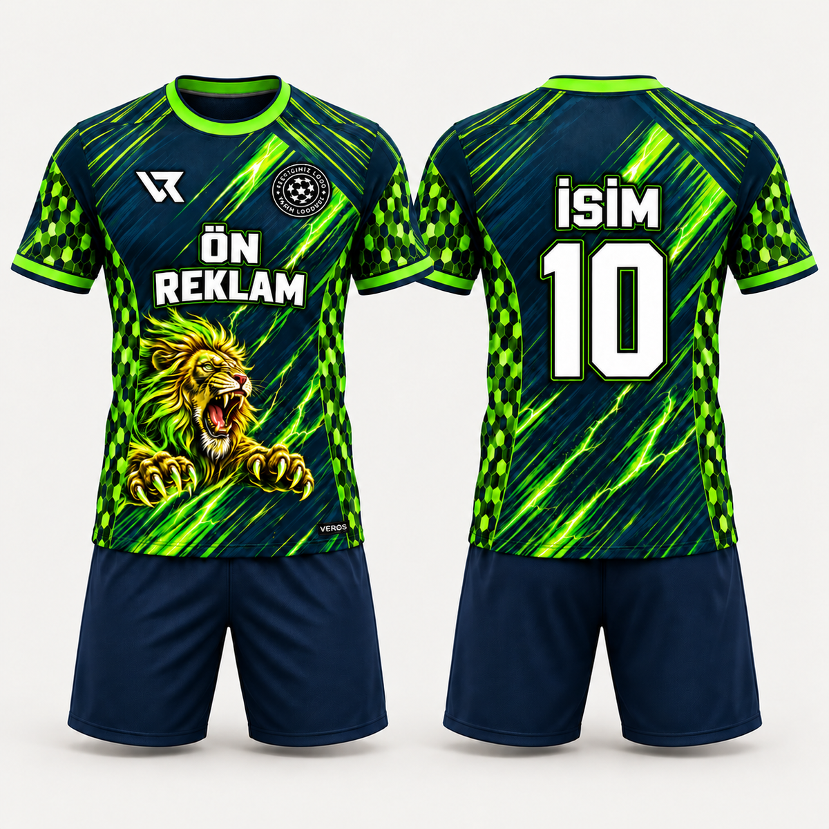 Lacivert yeşil aslan desenli futbol forması - ön ve arka görünüm